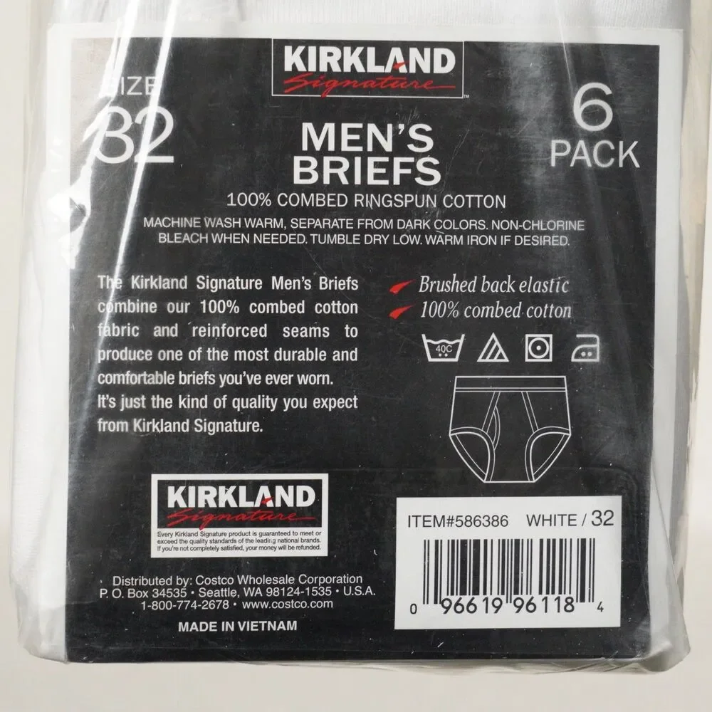 Kirkland Signature Mid-Rise Briefs 6-Pack Mens 32 White Combed Cotton Underwear
